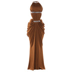 Spring Women Clothing Fashionable Sequ Stitching Halter Backless Thin Strap Sexy Front Slit Dress Bella Mia