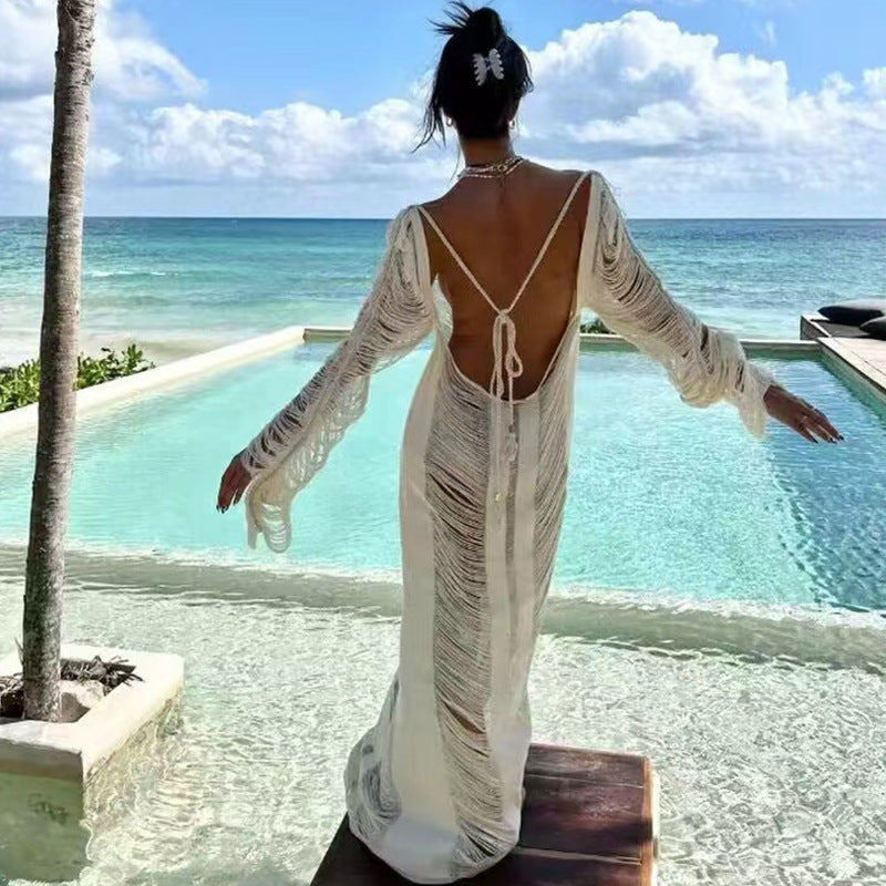 Summer Vacation Beach Dress Sexy Backless Lace Up Hollow Out Cutout Long Sleeve Dress Crochet hook Crochet hook Crochet hook Bella Mia