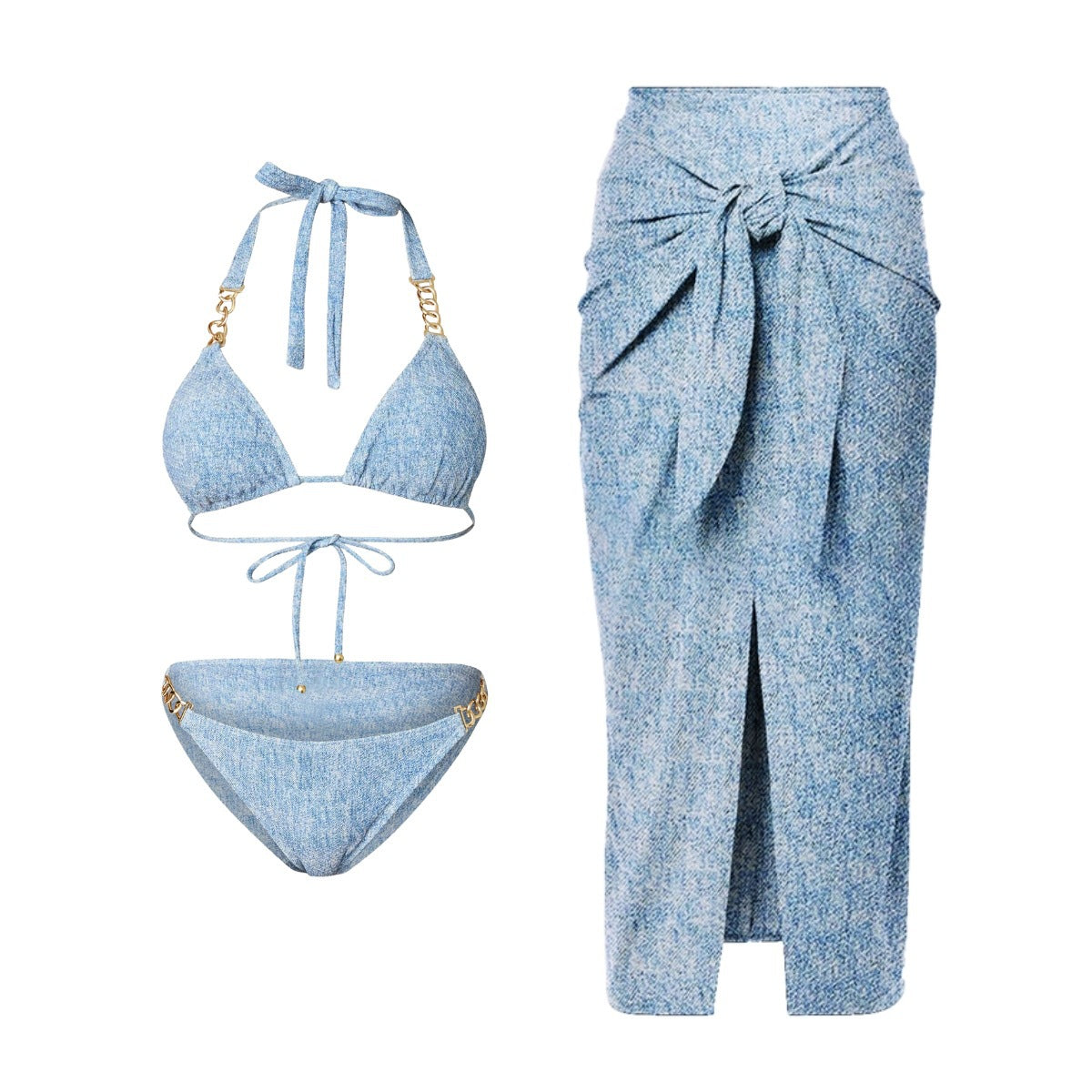 Bikini Triangle Sexy Denim Printing Split Swimsuit Women Wrap Skirt Bella Mia