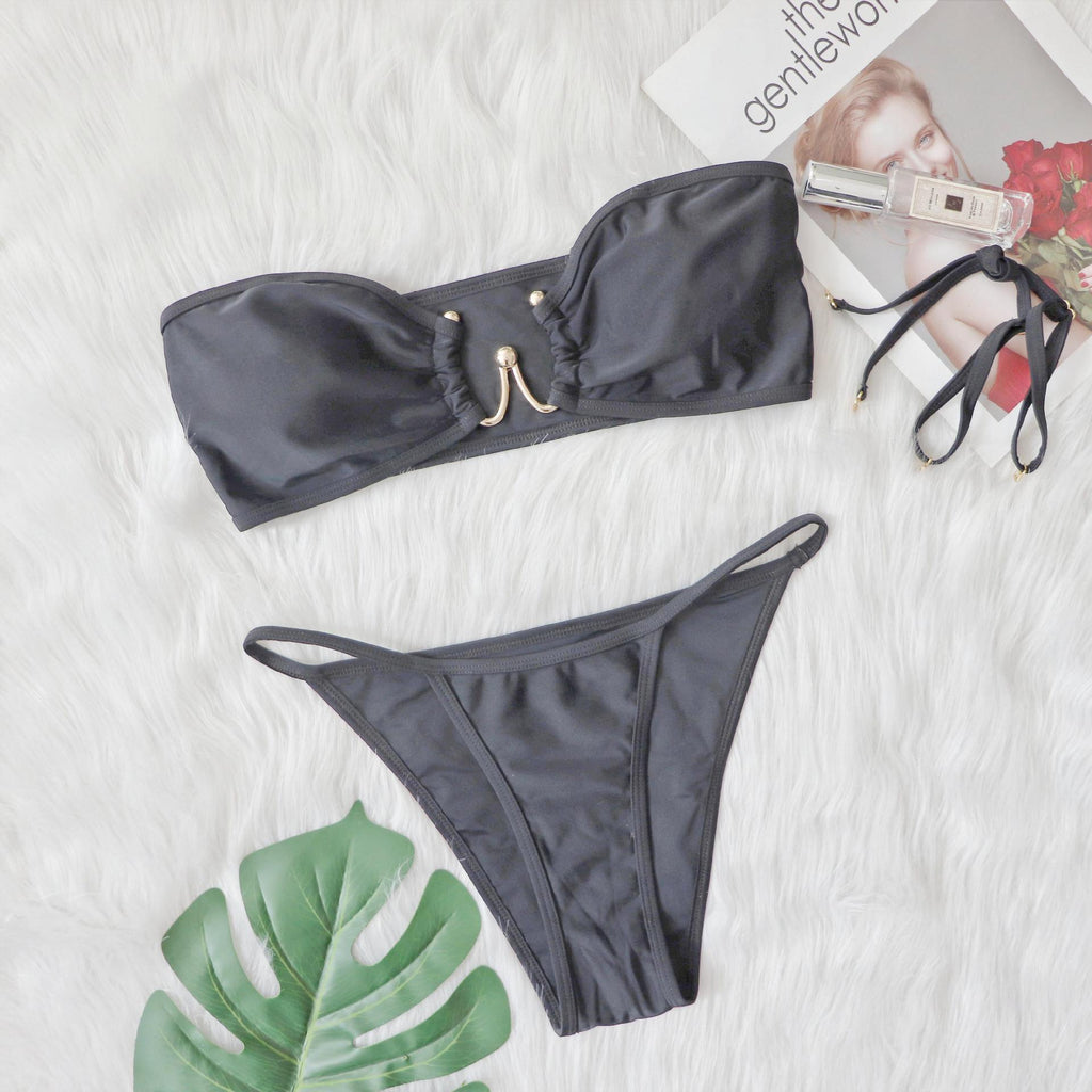 New Sexy Bikini Metal Accessories Hollow-out Swimsuit Solid Color Tube-Top Women Swimwear Bella Mia