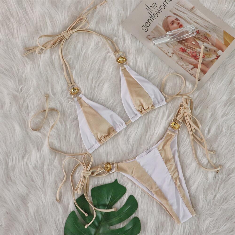 Sexy Crystal Diamond Bikini Solid Color Patchwork Bandage Swimsuit Vacation Split Women Swimsuit Bella Mia