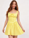 Summer Square Collar Slip Dress Drawstring Lace up Waist Controlled Slimming A line Dress for Women