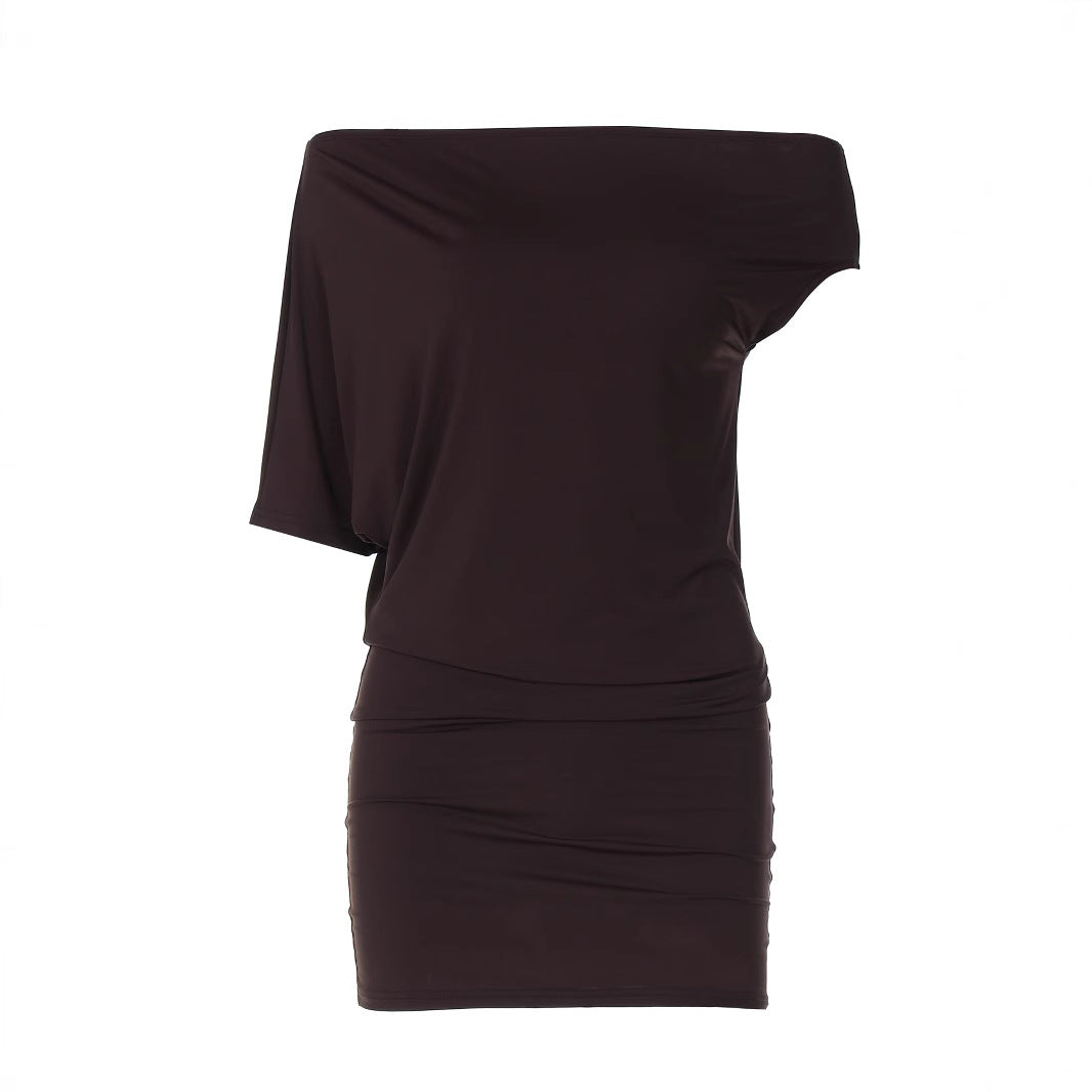 Sexy Solid Color Women Clothing Sexy Tube Top Irregular Asymmetric Shoulder Sleeve Short Slim Sheath Dress Women Bella Mia