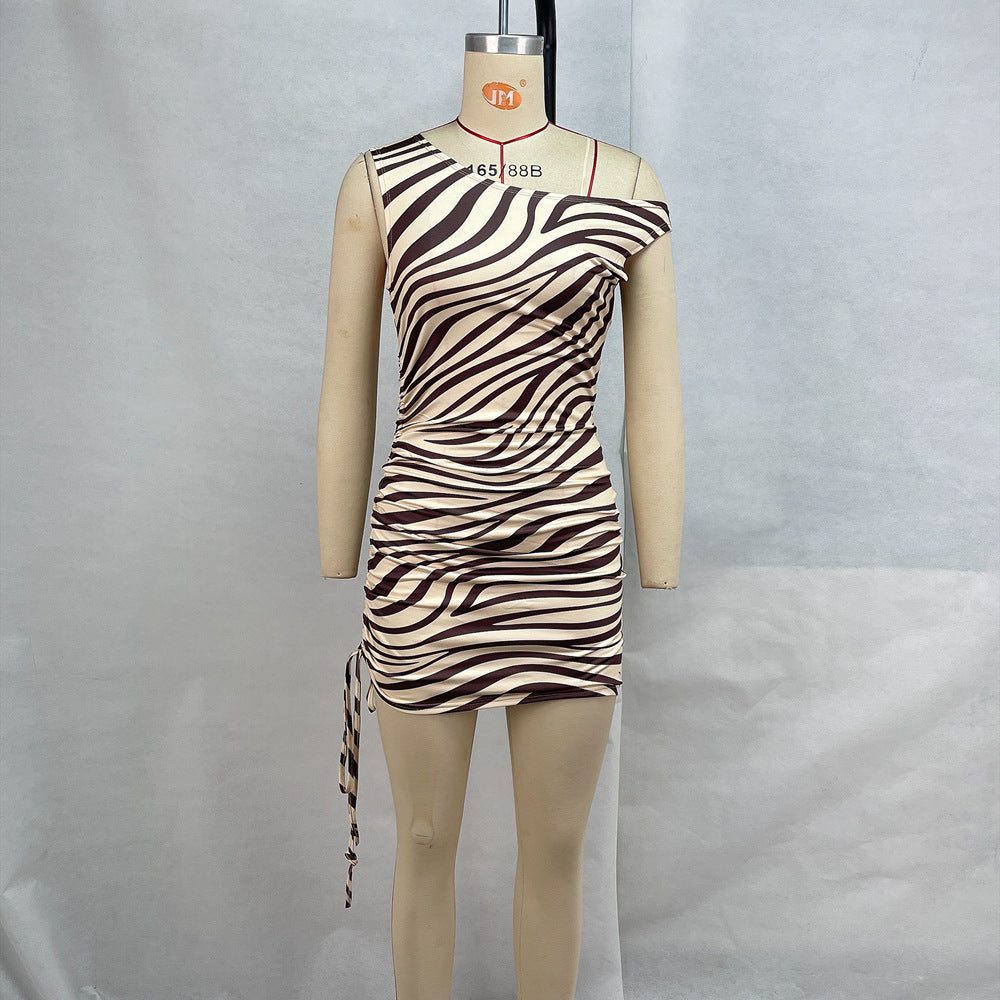 Women Round Neck Sleeveless Fitted Waist Pleated Drawstring Zebra Print Sheath Dress Women Bella Mia
