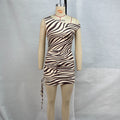 Women Round Neck Sleeveless Fitted Waist Pleated Drawstring Zebra Print Sheath Dress Women Bella Mia