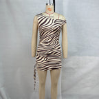 Women Round Neck Sleeveless Fitted Waist Pleated Drawstring Zebra Print Sheath Dress Women Bella Mia