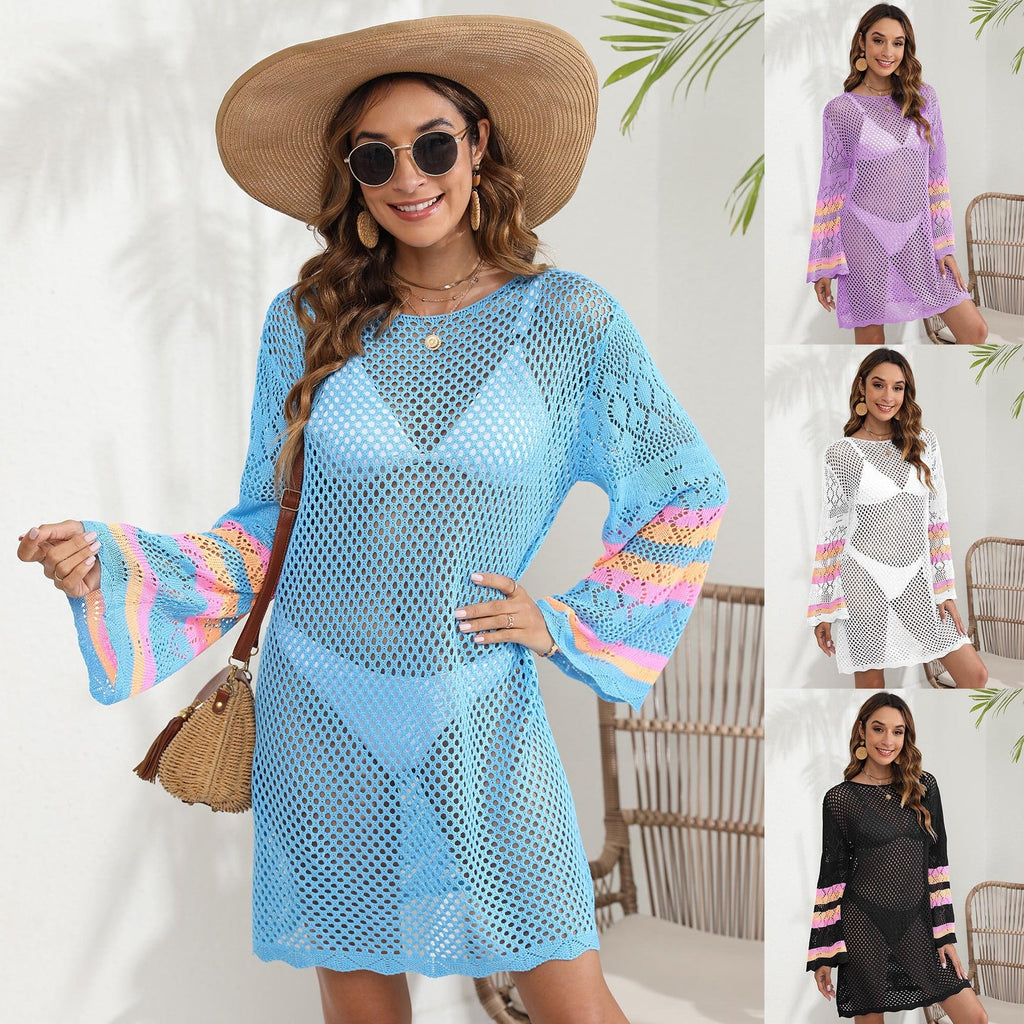 Women Beach Vacation Blouse Women's Clothing Color Contrast Patchwork Bikini Cover up Dress Bella Mia