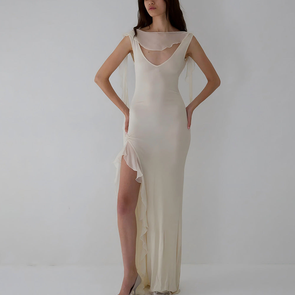 Summer Elegant Ribbon Women Dress Sexy Backless High Slit Ruffled Slim Dress Bella Mia