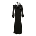 Women Clothing Autumn Winter Sexy Hollow Out Cutout out Backless Lace up Halterneck Solid Color Dress Women Bella Mia