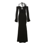Women Clothing Autumn Winter Sexy Hollow Out Cutout out Backless Lace up Halterneck Solid Color Dress Women Bella Mia