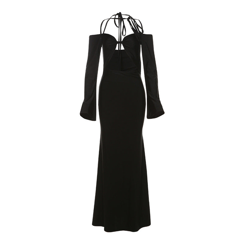 Women Clothing Autumn Winter Sexy Hollow Out Cutout out Backless Lace up Halterneck Solid Color Dress Women Bella Mia