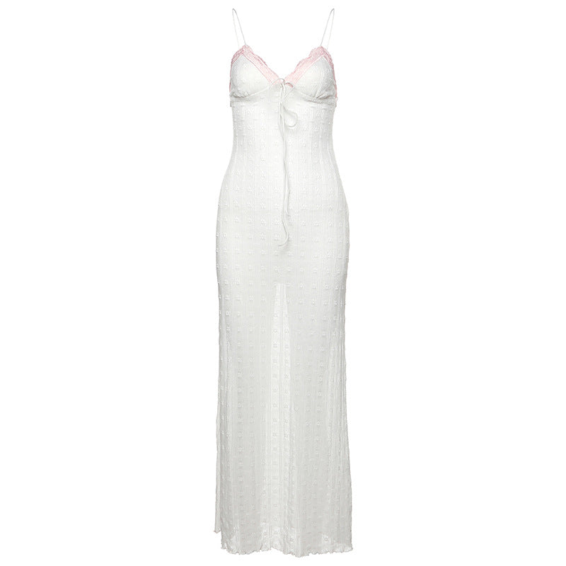 Spring Women Clothing Sexy Lace V neck Backless Bow Sling Dress Bella Mia