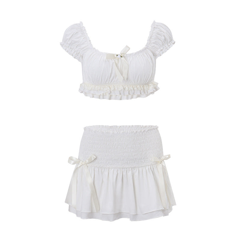 Spring Women Clothing Sexy Short Puff Sleeve Top Low Waist Slim Skirt Set Bella Mia