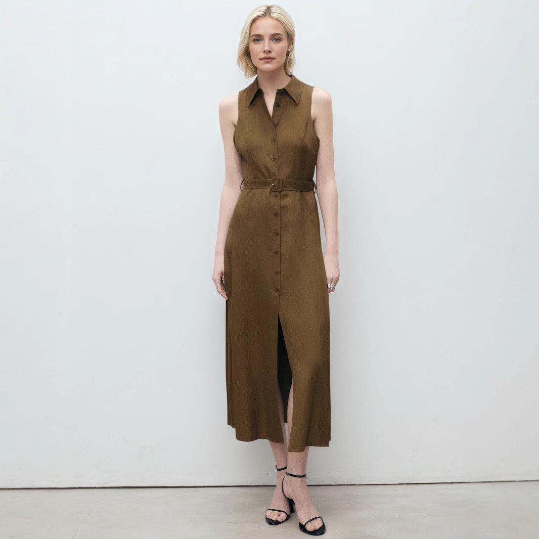 Summer Split Maxi Dress V neck Sleeveless Solid Color Waist Tight Dress Shirt Dress Simple Office