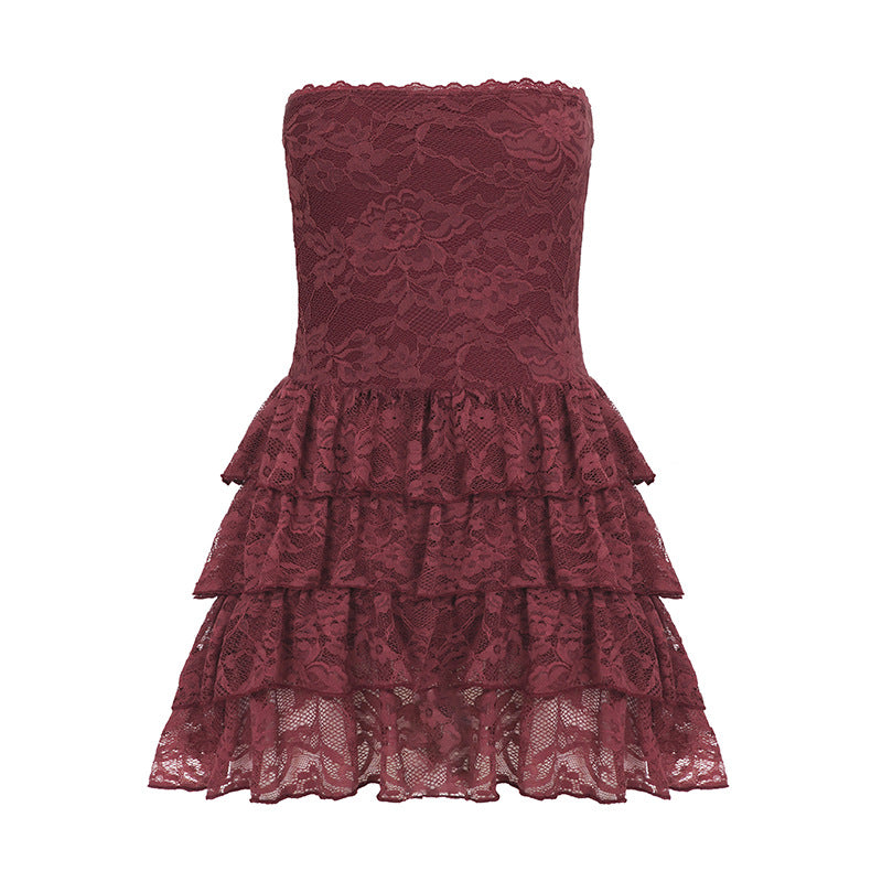 Sexy Leather Bra Strap Lace Stitching Puffy Tiered Dress Summer Set Bella Mia