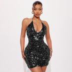 Women Autumn Elegant Slim Fit Sequined Sleeveless Strap Halter Short Dress Bella Mia