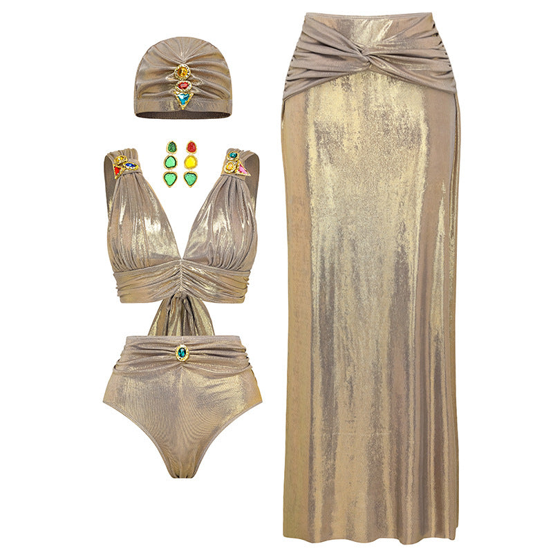 Colorful Crystals Decorative V neck High Waist Bikini Swimsuit Women Bella Mia