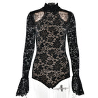 Sexy Lace Stitching Lace Cutout Jumpsuit Arrival Bell Sleeve Tight Bottoming Shirt Bella Mia