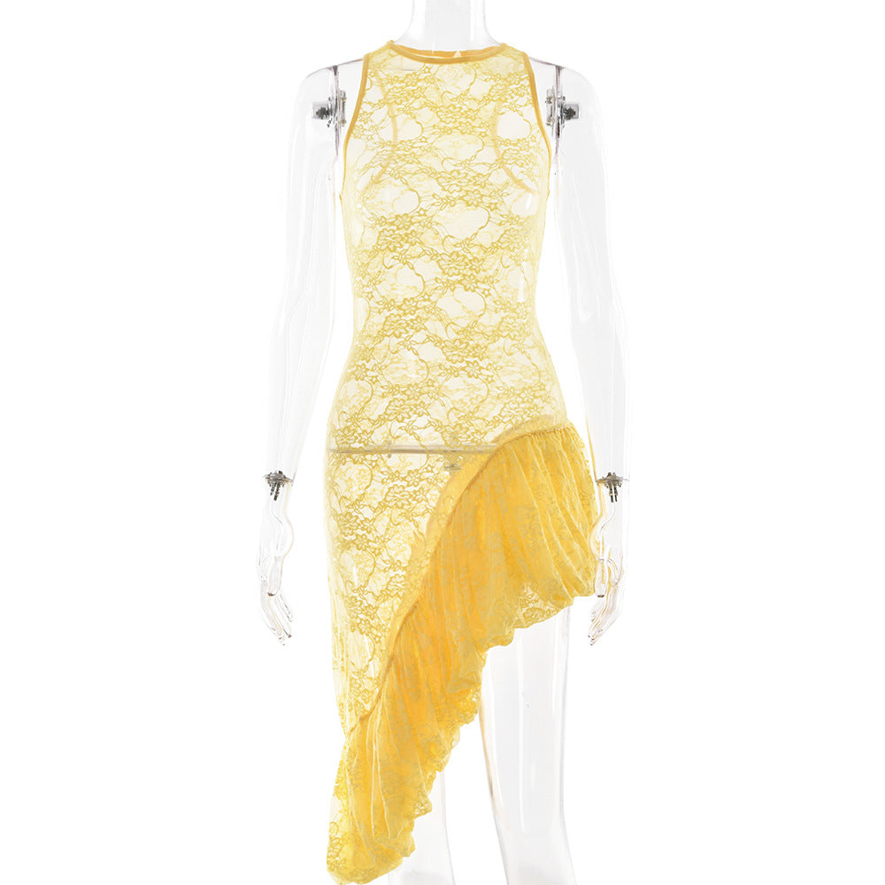 Sleeveless round Neck Dress Summer Sexy Lace See through Irregular Asymmetric Maxi Dress Women Bella Mia