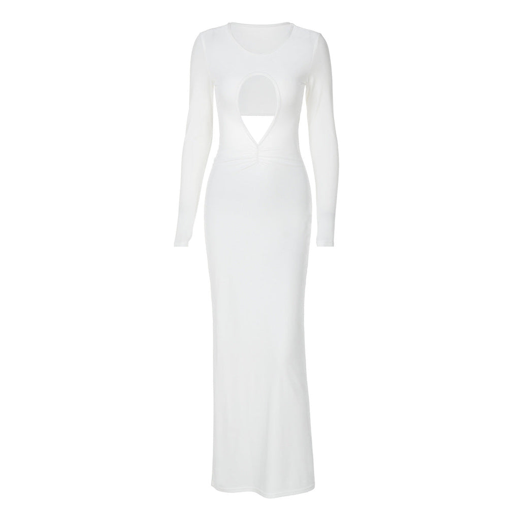 Women Clothing Autumn Sexy Cutout Slim Pleated Solid Color Long Sleeve Dress Bella Mia