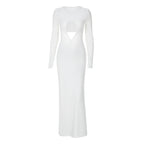 Women Clothing Autumn Sexy Cutout Slim Pleated Solid Color Long Sleeve Dress Bella Mia