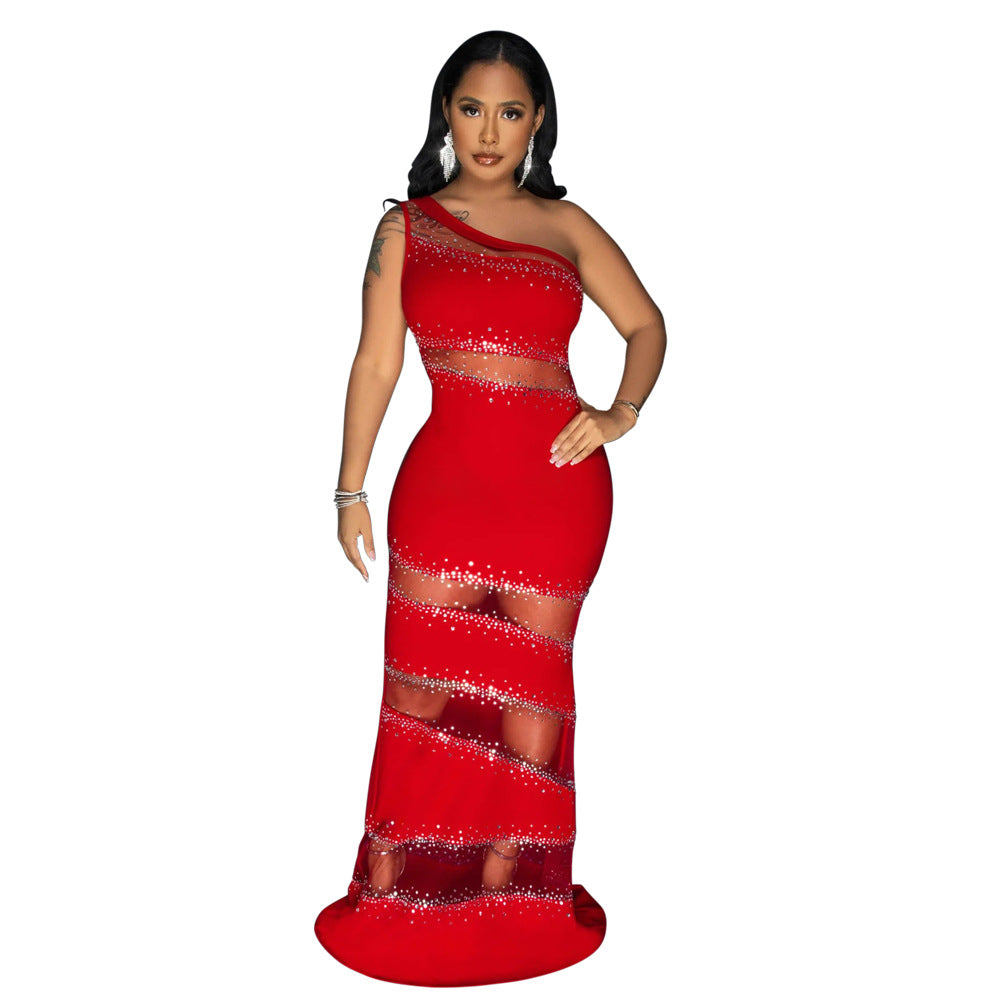 Sleeveless Dress Tribute Stitching Mesh Drilling Solid Color Dress Women Sexy Dress Bella Mia
