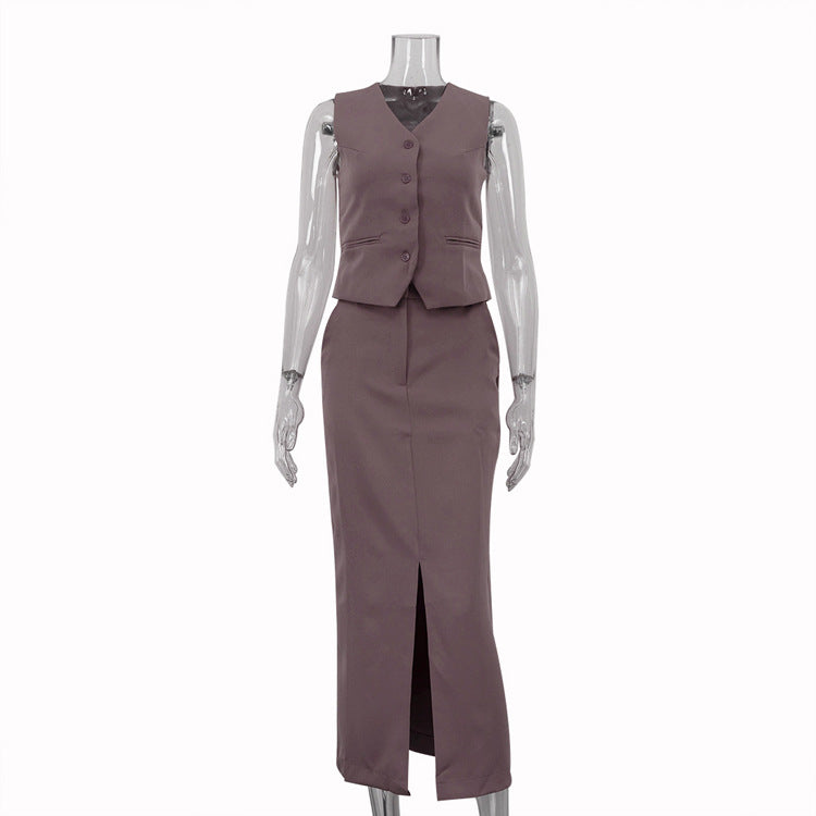 Vest Jacket Hip Skirt Set V neck Sleeveless Top Split Skirt Office Two Piece Set Bella Mia