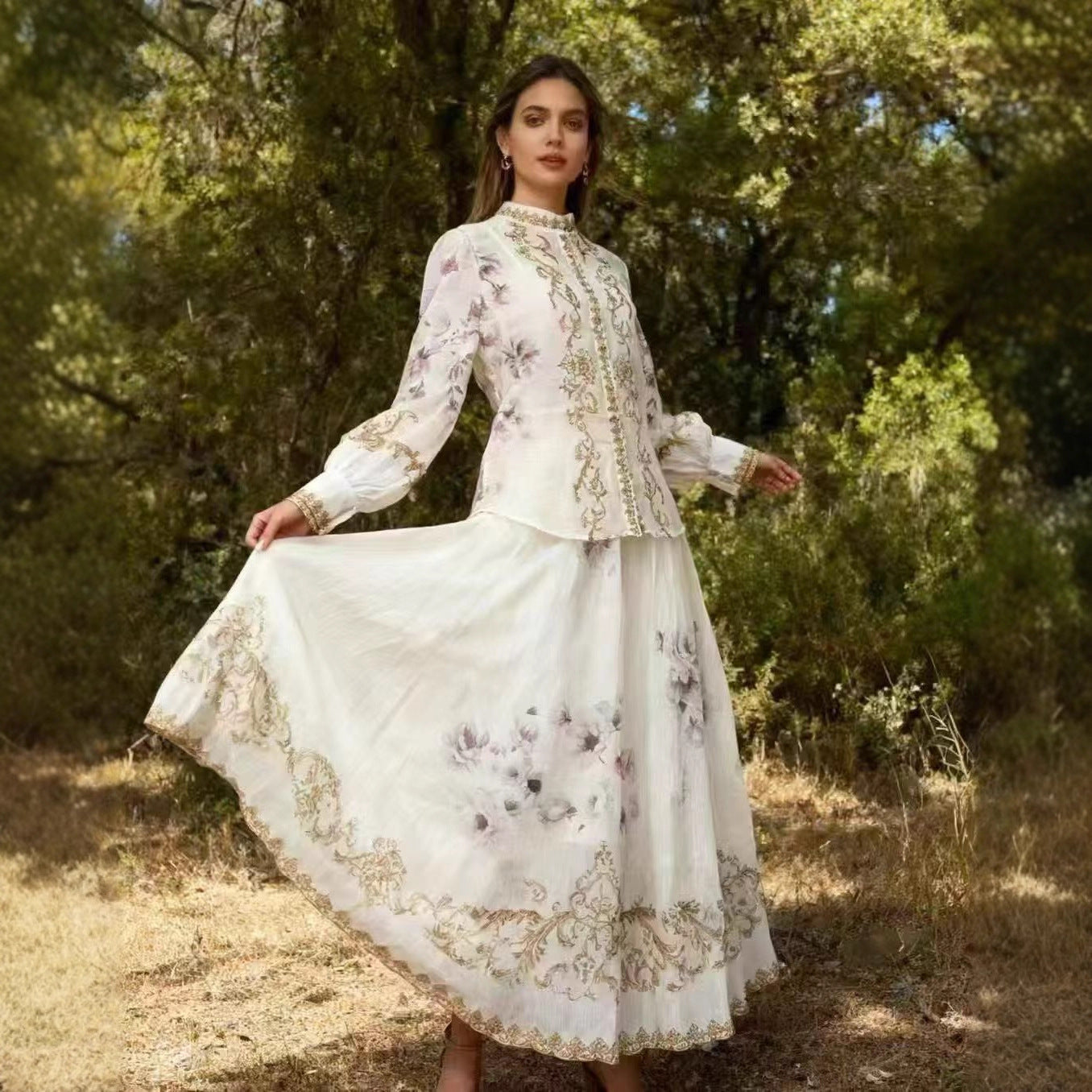 Long Sleeve Painted Skirt Set Spring Court Waist Slimming Printed Two Piece Sets Women Bella Mia