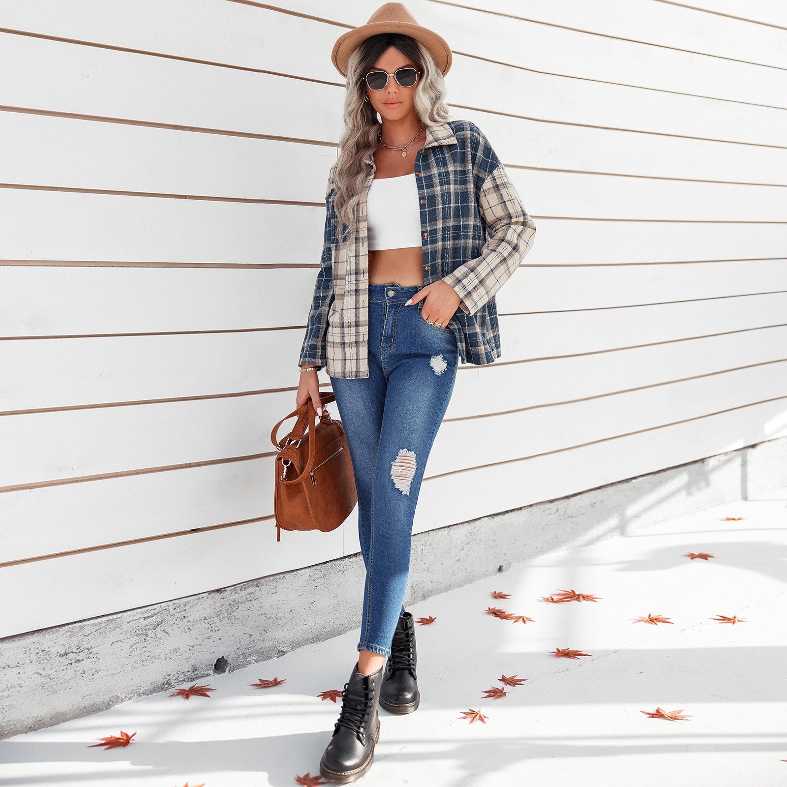 Early Autumn Polo Collar Plaid Top Women Clothing Long Sleeve Cardigan Loose Shirt Bella Mia