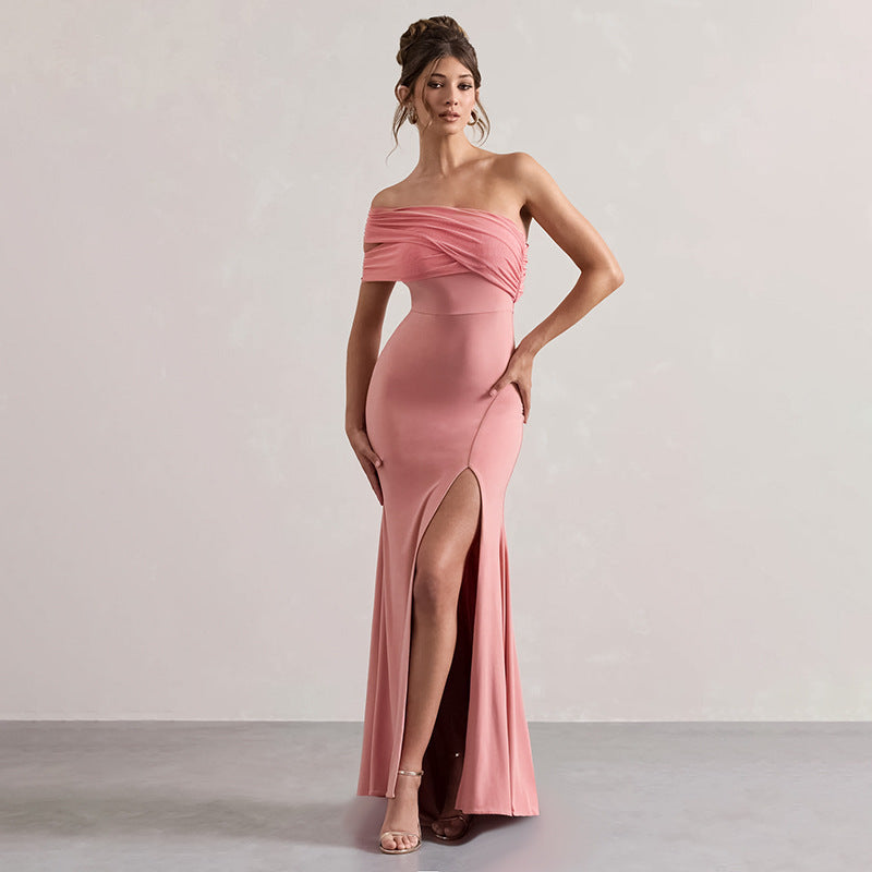 Autumn Socialite Sexy Mesh Stitching off Shoulder Split Dress Women Bella Mia