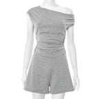 Women Clothing Spring Summer Crossbody off the Shoulder Pleated Bow Waist Tie Romper Bella Mia