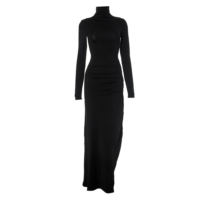 Autumn Solid Color Half High Collar Long Sleeves Slit Slim Fit Sexy Long Women Dress Bella Mia