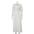 French V neck Floral Women Advanced Satin Short Sleeve High Waist Elegant Maxi Dress