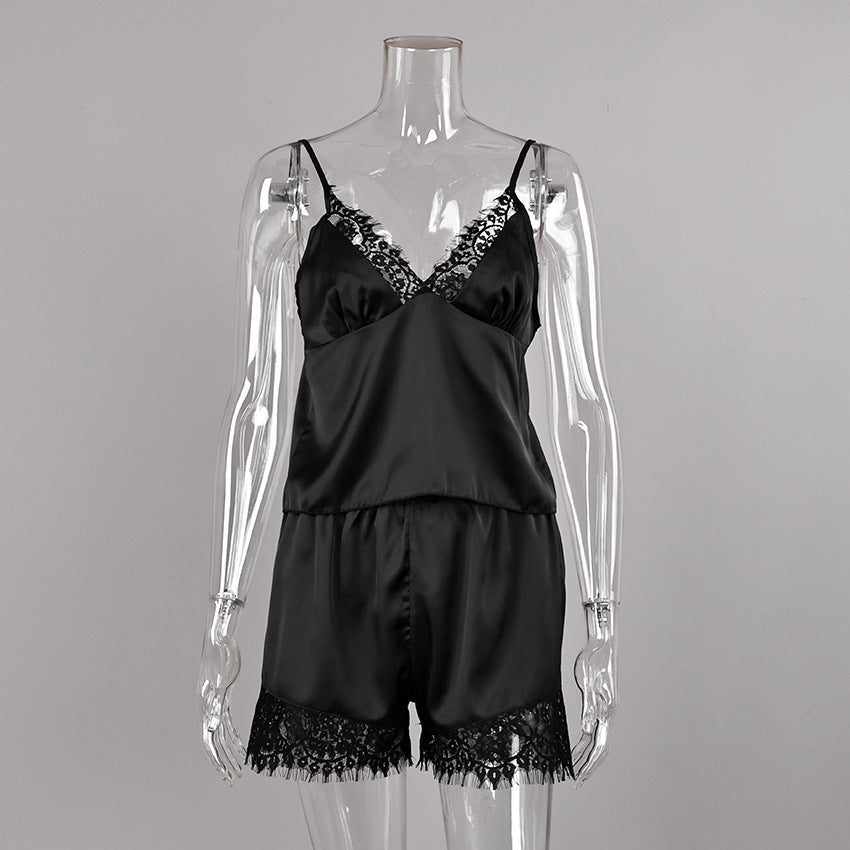 Women Pajamas Satin Stitching Lace Suspender Shorts Two Piece Set Summer Loungewear