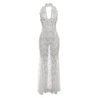 Women Summer Elegant Lace Hollow Out Cutout out Halter Maxi Dress Sexy Backless Solid Color Dress Bella Mia