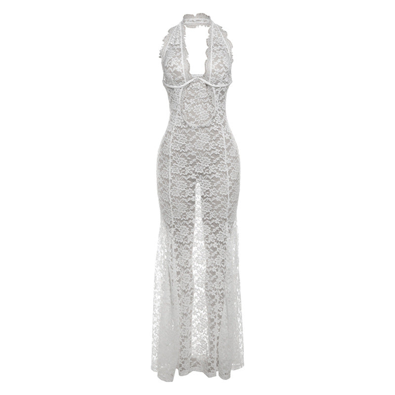 Women Summer Elegant Lace Hollow Out Cutout out Halter Maxi Dress Sexy Backless Solid Color Dress Bella Mia