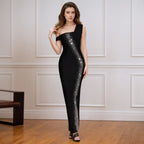 Sexy Single Shoulder Mesh Stitching Rhinestone Hip Bag Bandage Dress Party Dress Bella Mia
