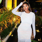 Women Clothing Solid Color Dress round Neck Long Sleeve Mesh Stitching Casual Dress Bella Mia