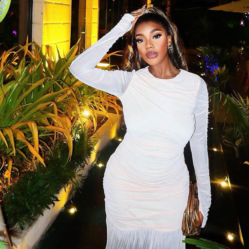 Women Clothing Solid Color Dress round Neck Long Sleeve Mesh Stitching Casual Dress Bella Mia