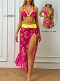 Sexy Halter Lace up Backless Floral Overskirt Three Piece Bikini Swimsuit Bella Mia