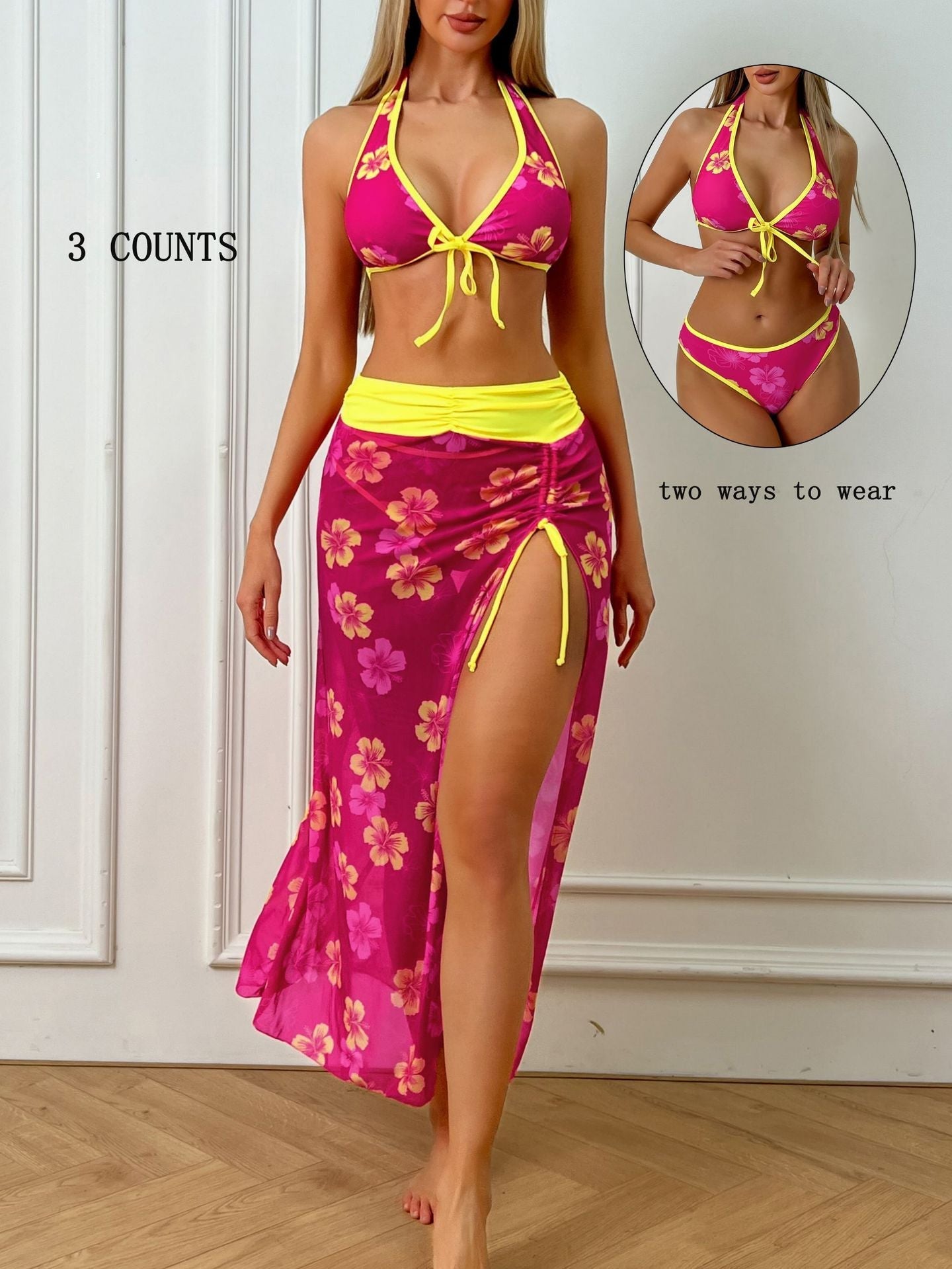 Sexy Halter Lace up Backless Floral Overskirt Three Piece Bikini Swimsuit Bella Mia