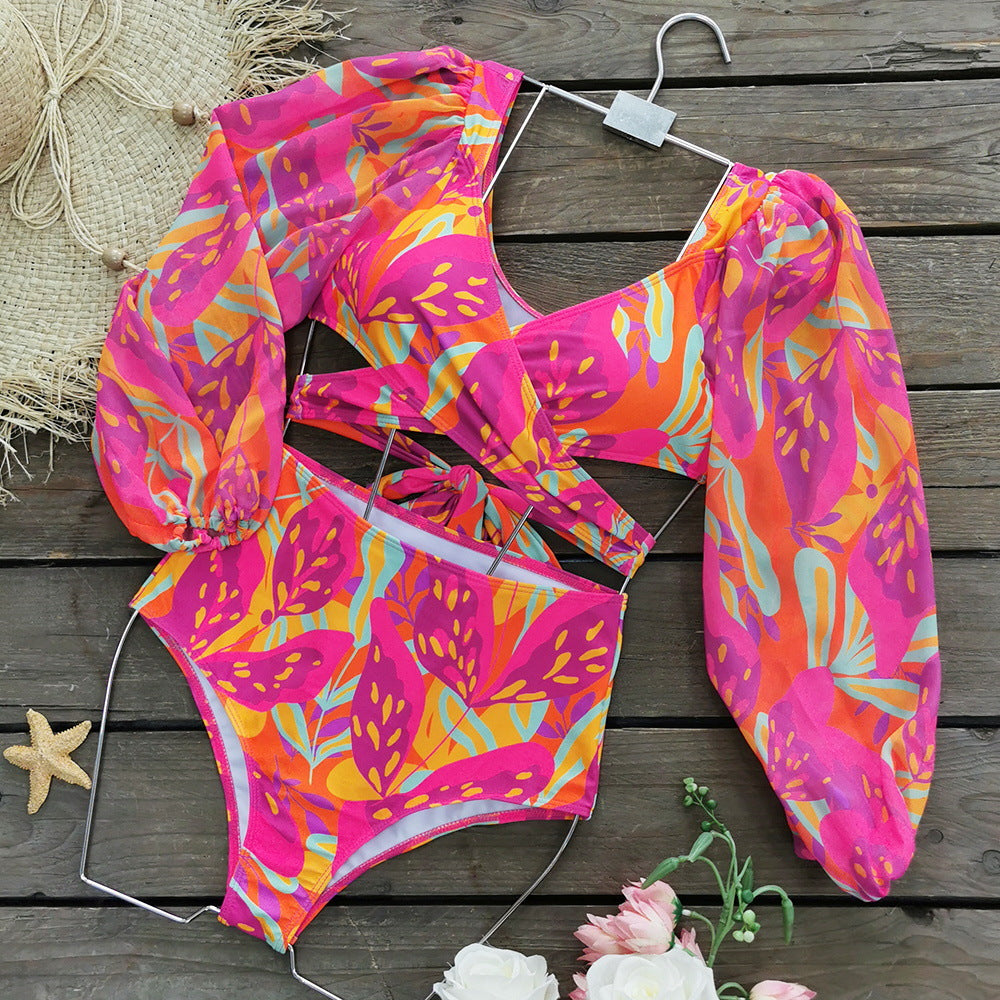 High Waist Split Long Sleeve Swimsuit Women Sexy Backless Cross Strap Deep V Plunge Bikini Bella Mia