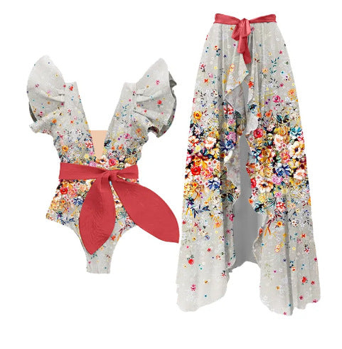Bow Printing One Piece Women Swimwear French Retro Cover Belly Slimming Swimsuit Bella Mia