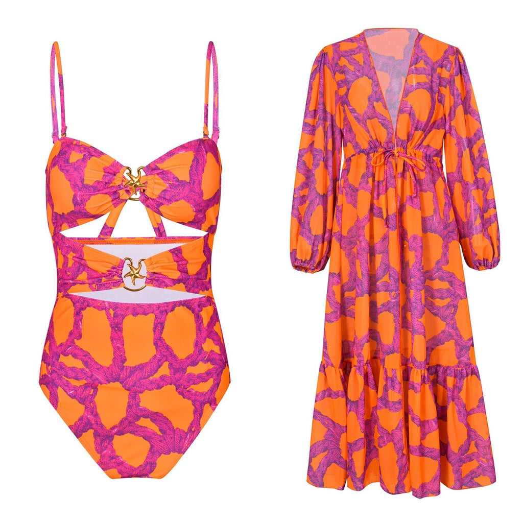 Hollow Out Cutout Out Strap One Piece Swimsuit Women Swimwear Two Piece Blouse Printing Bella Mia