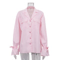 Fashionable Striped Office French Shirt for Women Spring Autumn Printing Collared Bell Sleeve Loose Pockets Shirt Bella Mia
