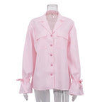 Fashionable Striped Office French Shirt for Women Spring Autumn Printing Collared Bell Sleeve Loose Pockets Shirt Bella Mia