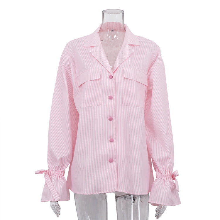 Fashionable Striped Office French Shirt for Women Spring Autumn Printing Collared Bell Sleeve Loose Pockets Shirt Bella Mia