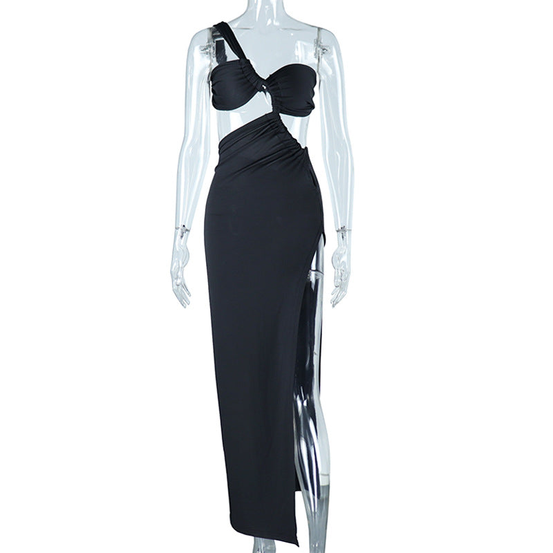 Sloping Shoulder Dress Solid Color Pullover Sexy Backless Evening Dress Long Socialite Split Bella Mia