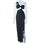 Sloping Shoulder Dress Solid Color Pullover Sexy Backless Evening Dress Long Socialite Split Bella Mia
