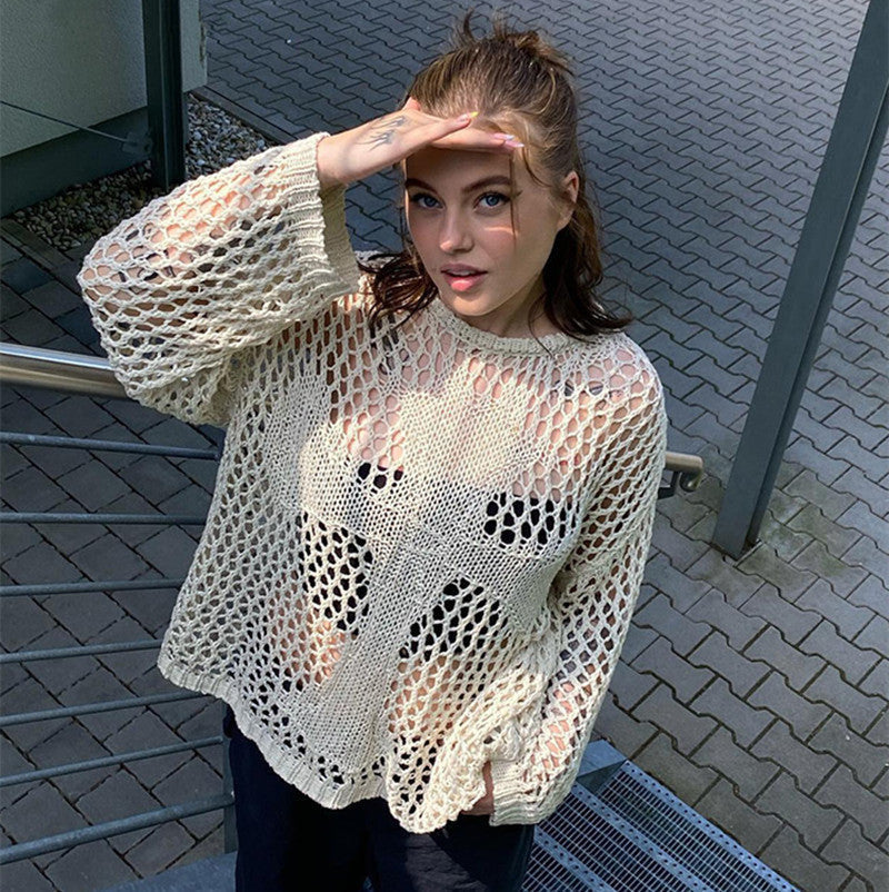 Round Neck Hollow Out Cutout Long Sleeved Criss Cross Blouse Summer See through Sexy Top Beach Sweaters Bella Mia